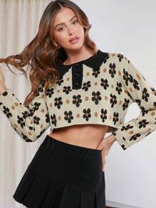 Hauture Floral Dot Pattern Crop Long Sleeves Button Front Sweater - Multicolor - View 1