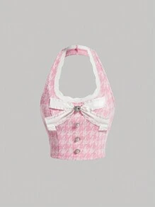 SHEIN MOD Áo yếm ren họa tiết răng sói cho nữ có trang trí nơ - Hồng - Xem 1