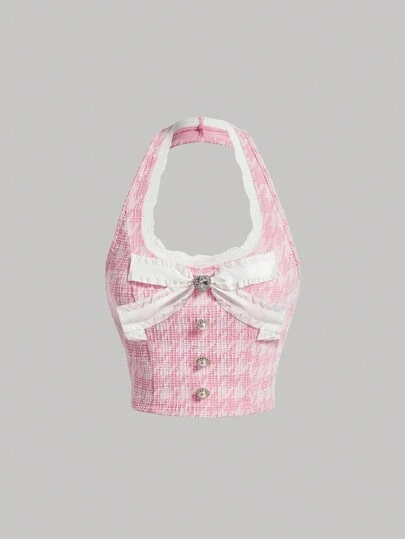 SHEIN MOD Women's Houndstooth Print Lace Trimmed Halter Top With Bowknot Decoration