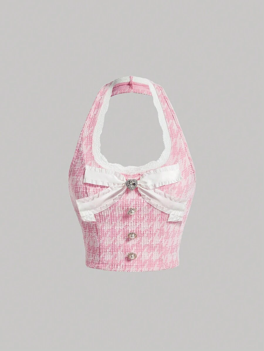 SHEIN MOD Áo yếm ren họa tiết răng sói cho nữ có trang trí nơ - Hồng - Xem 1