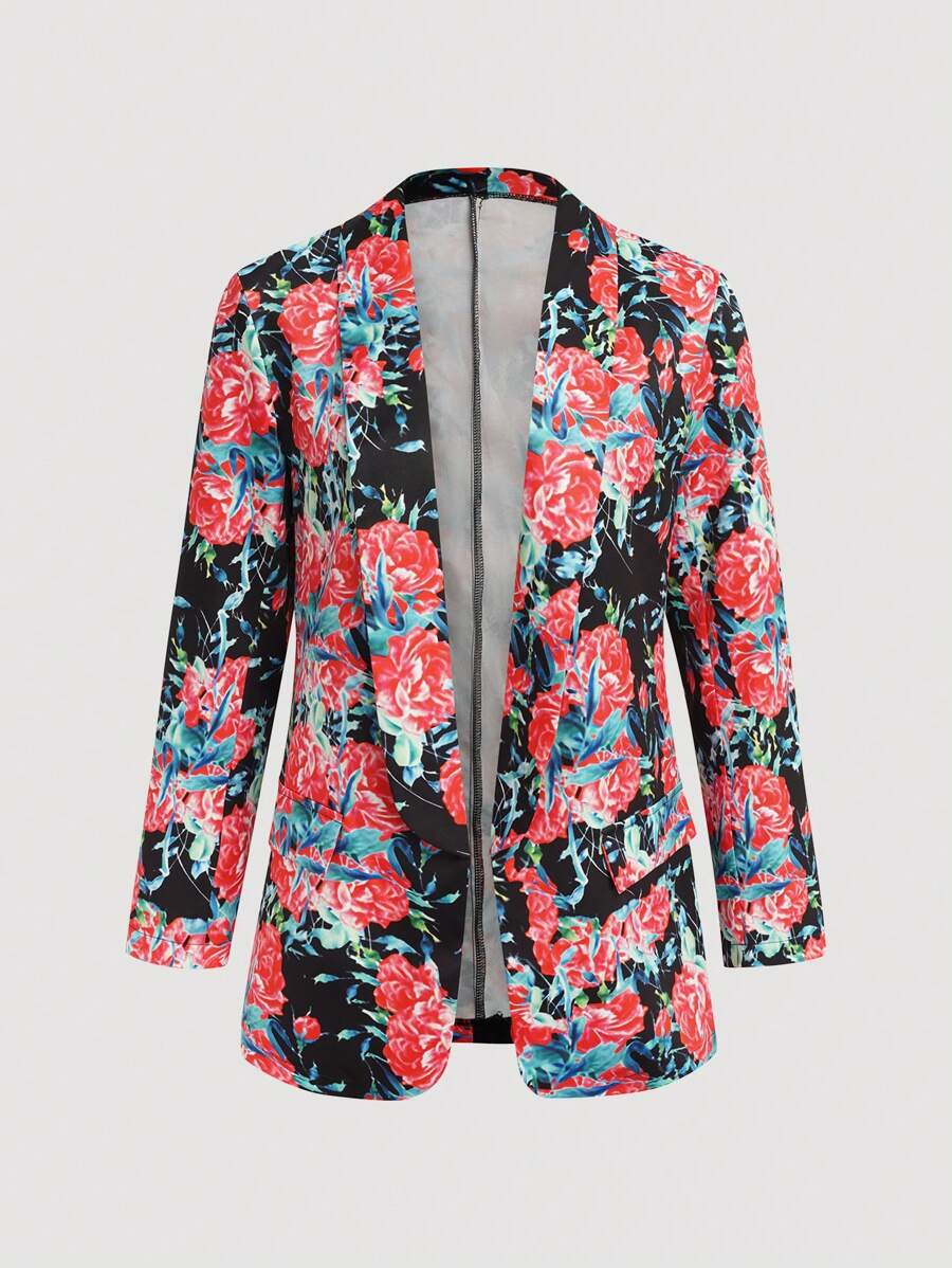 SHEIN Unity Women's Rose Print Shawl Collar Blazer Jacket - Multicolor - View 1