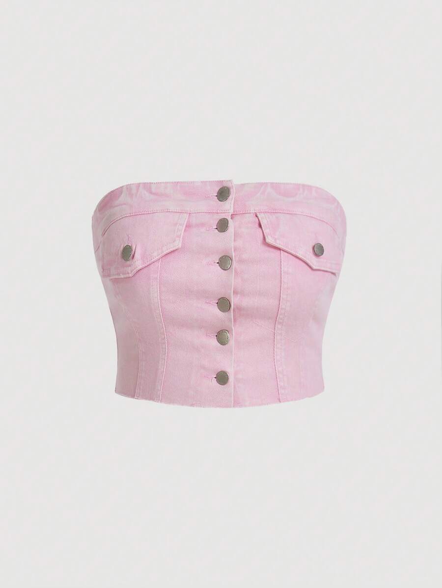SHEIN EZwear Plus Size Denim Strapless Top With Flap Detail And Button Front - Pink - View 1