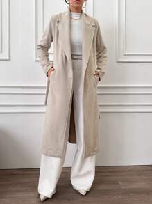 EURMUSE Lapel Neck Slant Pocket Open Front Overcoat - Beige - View 3