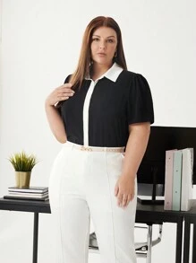 BizChic Plus Size Color Block Turn Down Collar Short Sleeve Casual Shirt - Black and White - View 3