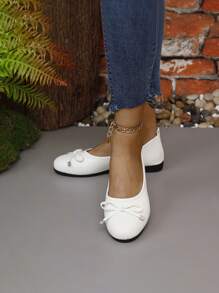 Của phụ nữ Chóp giầy tròn Da bằng sáng chế Giày phẳng Với Bowknot Đồ trang trí Và Đế mềm - trắng - Xem 3