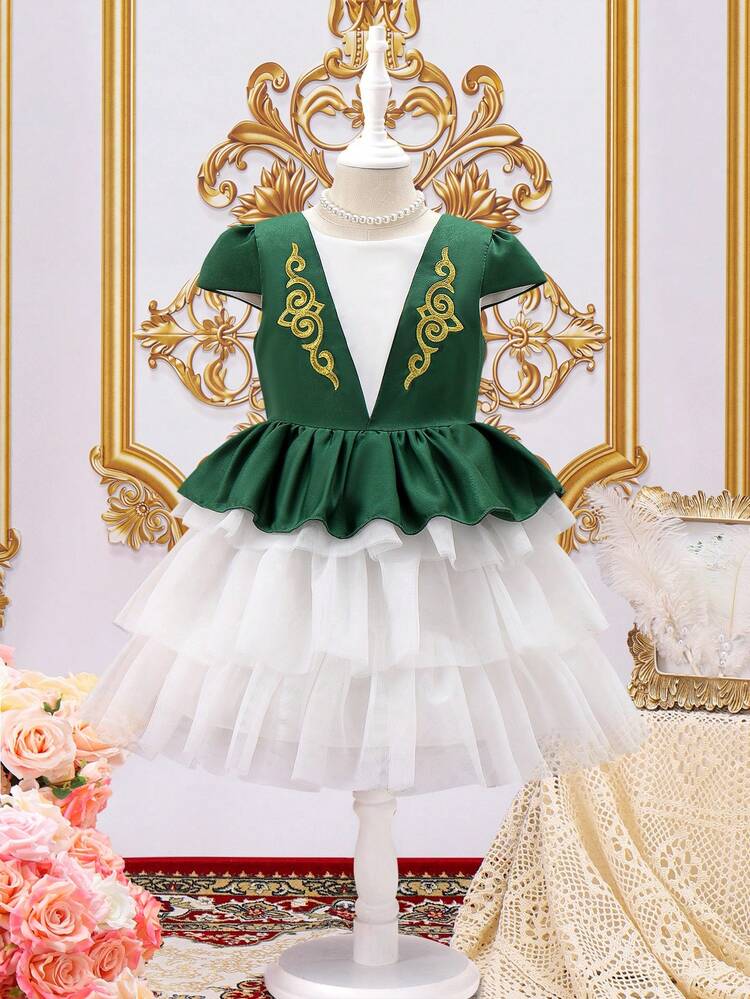 Young Girls' Printed Multi-Layer Mesh Ruffle Hem Dress