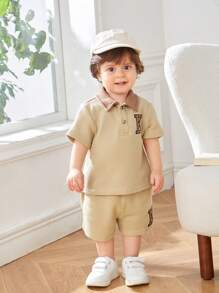 SHEIN Baby Boy Contrast Collar Letter Embroidery Waffle Knit Top & Shorts