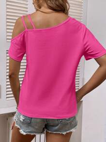 EMERY ROSE Heart Print Asymmetric Collar Short Sleeve T-Shirt - Hot Pink - View 2