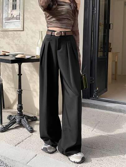 纯色高腰斜口袋西装裤（无腰带）