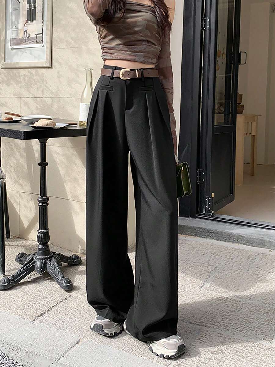 纯色高腰斜口袋西装裤（无腰带） - 黑色 - 查看 1