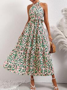 Breezaya Printed Halter Neck Dress Maxi Vacation Beach Outfits Women - Green - View 4