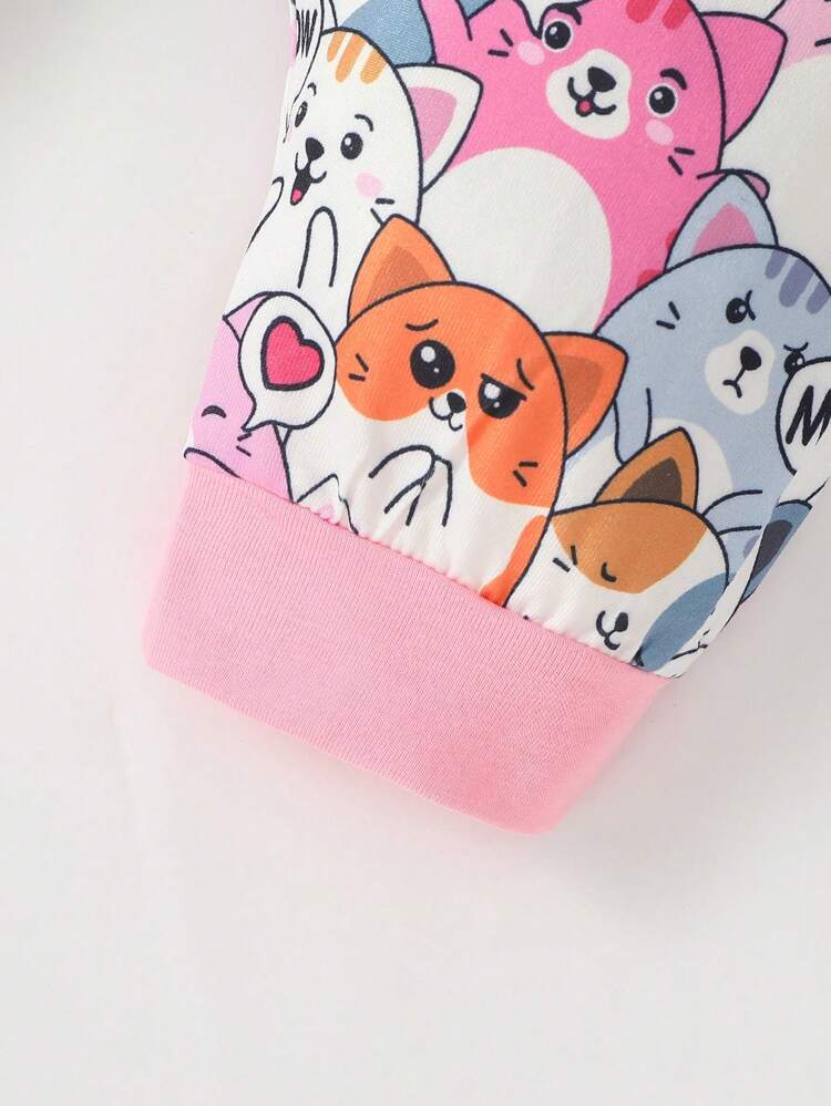 Newborn Baby Girl One-Month Gift Box Set, With Ruffle Collar Cat Print Short Sleeve Bodysuit Long Pants Multi-Piece Cute, Comfortable & Casual Outfits For Spring/Summer