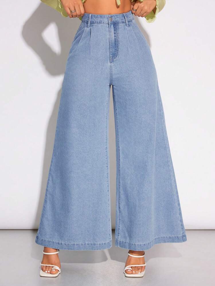 SHEIN Privé 純色寬腿牛仔褲 - 淺色水洗藍 - 查看 3