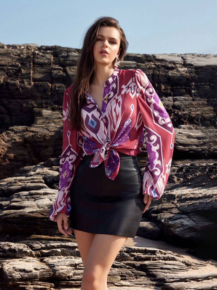 Vintage Lantern Sleeve Shirt With Printed Pattern