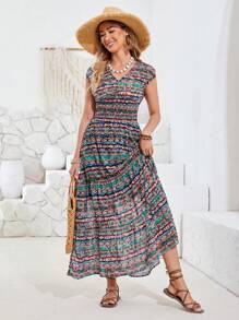 GENKIRA Vintage Printed Short Sleeve Women's Dress - Multicolor - View 5