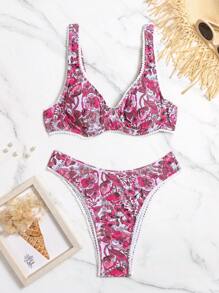 SHEIN Swim 夏季海滩女士花卉印花两件套比基尼套装 - 彩色 - 查看 5