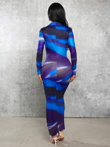 Radiana Women's Indigo Dyeing Printed Dress With Front Button Placket And Ruffle Design