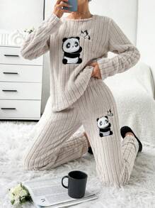 SHEIN Cottnline Women's Cartoon Panda Embroidery Flannel Pajama Set - Beige - View 6