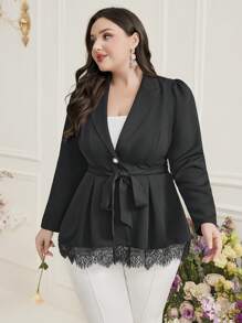 Modelyn Women's Plus Size Long Sleeve Houndstooth Notch Lapel Blazer - Black - View 6
