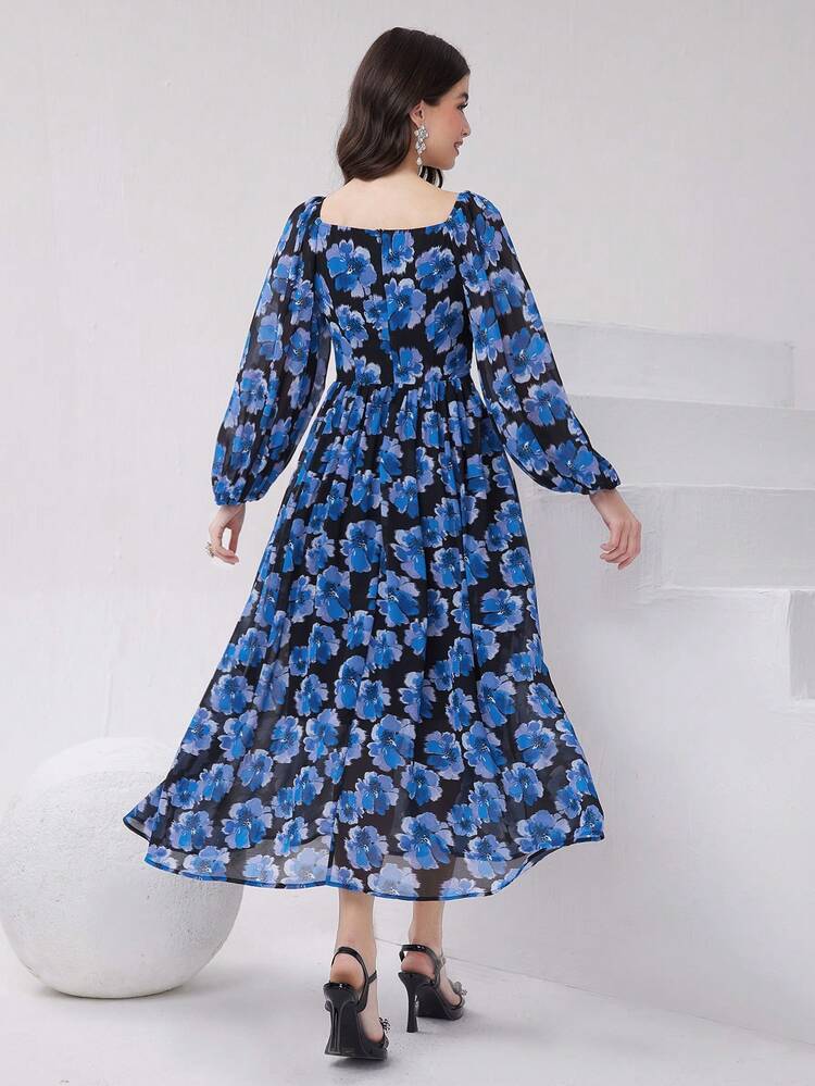Women's Floral Printed Lantern Sleeve Dress