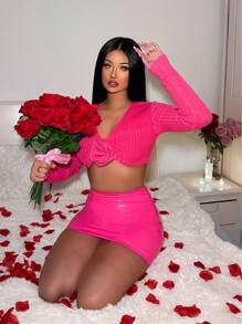 Zolique Short Cropped Sweater With 3d Flower Embellishments Knit Pullover Fall Winter Sweater - Hot Pink - View 4