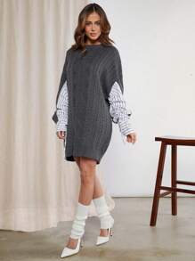 Hauture Women Shirt Combo Oversized Sweater Dress - Multicolor - View 6