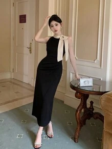 DAZY Váy dạ hội màu tương phản viền bất đối xứng dành cho nữ, Đầm dạ hội mùa hè thanh lịch cho đêm giao thừa - Đen và trắng - Xem 3