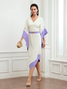 MOTF PREMIUM Gewebte Damen Stickerei Blumenmuster Farbblock Glockenärmelkleid