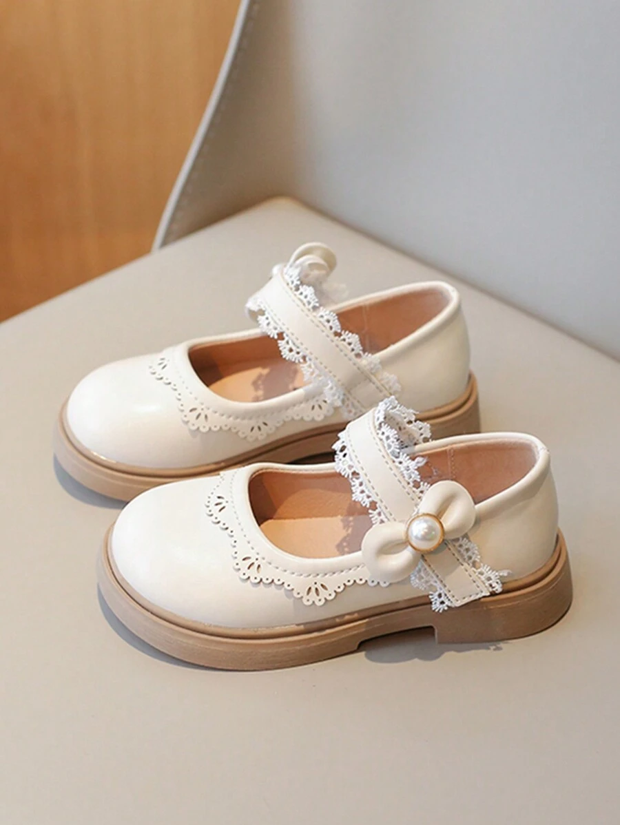 Children's Spring Autumn New Style Beige Little Leather Shoes With Pearl & Bow-Knot Decor Princess Shoes For Toddler Girls