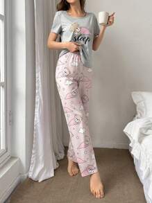 Women's Short Sleeve And Pants Pajamas Set With Teddy Bear Print - Multicolor - View 3