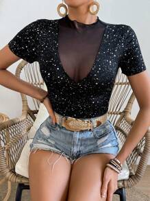 SHEIN VCAY Playera Ajustada Con Estampado Plateado E Inserciones De Malla - Negro - Ver 4