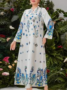 Al Najma Floral Pattern Notched Lapel Dress - White - View 6