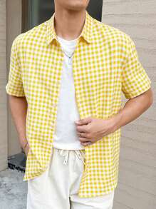 Manfinity Hypemode 男士方格短袖襯衫 - 黃色 - 查看 3