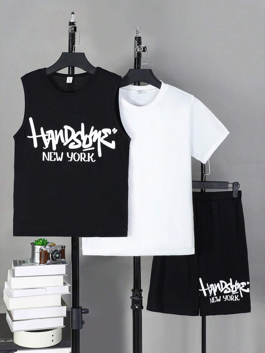 3 件/套青少年男孩 T 卹、背心和短褲套裝 - 黑與白 - 查看 1