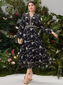 Modelyn Flower Embroidered Patchwork Ribbon Decor Notched Collar Lantern Sleeve Dress Long Evening Dresses