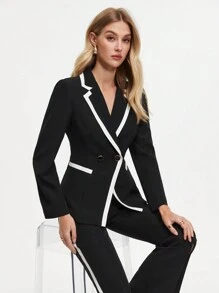 BizChic Women's Contrast Edge Double Breasted Suit - Black and White - View 8