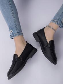 女士黑色英倫風格復古拼接皮革圓頭平底懶人鞋 - 黑色 - 查看 4