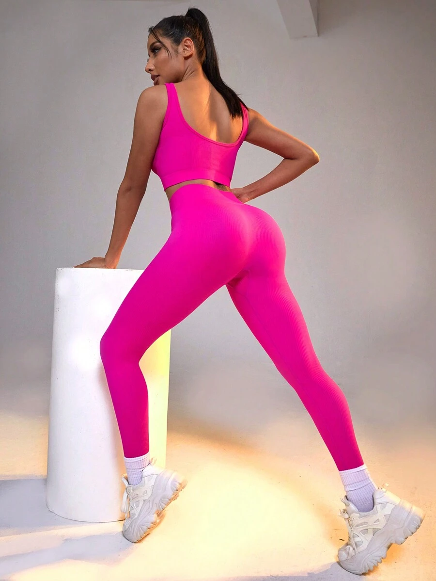 Yoga Basic 無縫高彈性運動瑜伽健身套裝 - 玫紅色 - 查看 1