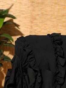 Slaydiva Vestido Elegante Con Tirantes Espagueti, Dobladillo Con Volantes Hueco De Color Sólido Para Vacacionar