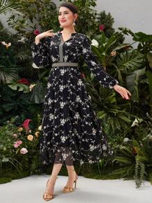 Modelyn Flower Embroidered Patchwork Ribbon Decor Notched Collar Lantern Sleeve Dress Long Evening Dresses