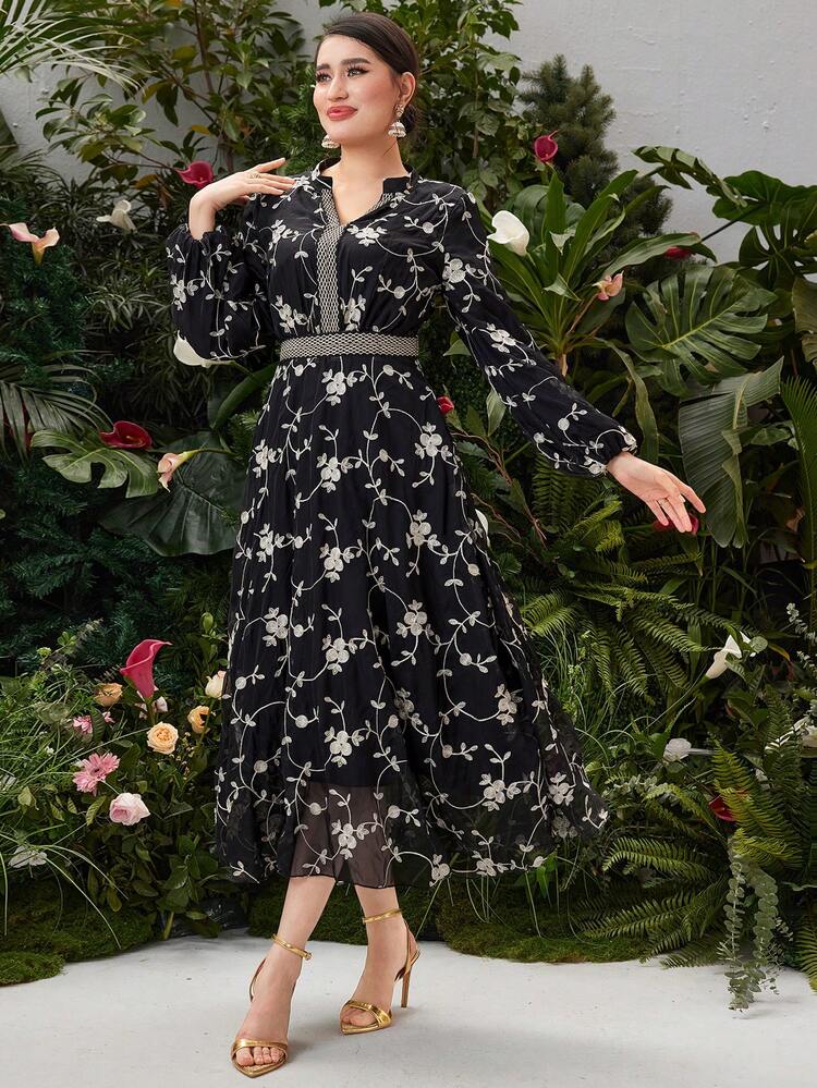 Flower Embroidered Patchwork Ribbon Decor Notched Collar Lantern Sleeve Dress Long Evening Dresses