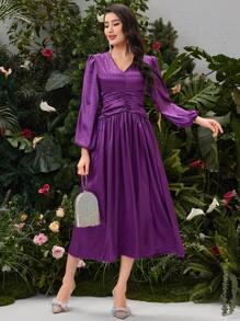 Modelyn 女式實色提花燈籠袖連衣裙 - 紫色 - 查看 1