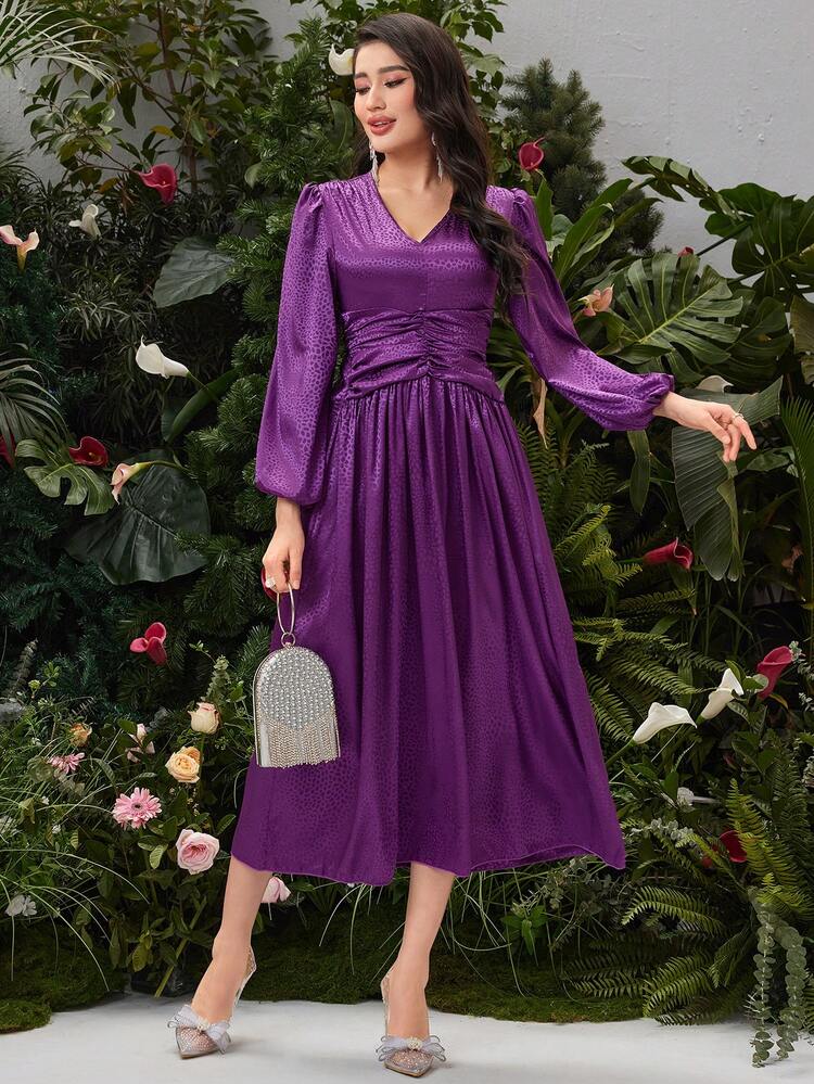 Women's Solid Color Jacquard Lantern Sleeve Dress Fall Cloth For Women