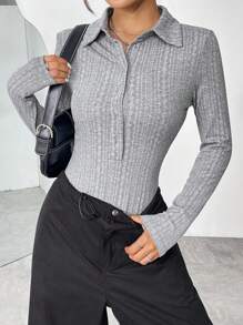 SHEIN EZwear Women's Slim Fit Turn-down Collar Bodysuit