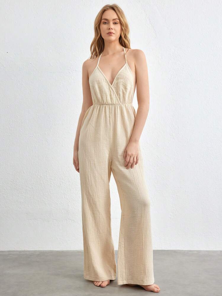 Leisure Backless Halter Neck Jumpsuit For Home Wear
