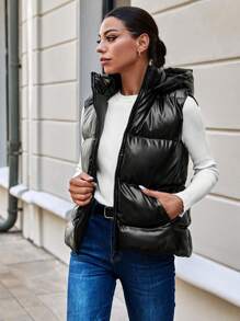 RueChic Zip Up Hooded Puffer Vest Coat - Black - View 4