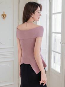 DAZY Effen kleur off-shoulder asymmetrische zoom sexy gebreide top, ruches