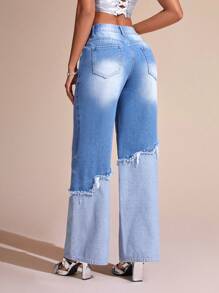 SHEIN BAE Vaqueros Holgados Para Mujer Con Bloqueo De Color Y Borde Deshilachado - Azul - Ver 2