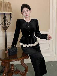 DAZY 女式泡泡袖上衣和裙子套装，带荷叶边细节，女式两件套，秋季女装 - 黑色 - 查看 6