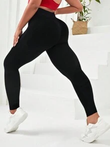Easithlete Plus Solid Tummy Control Sports Leggings - Black - View 1